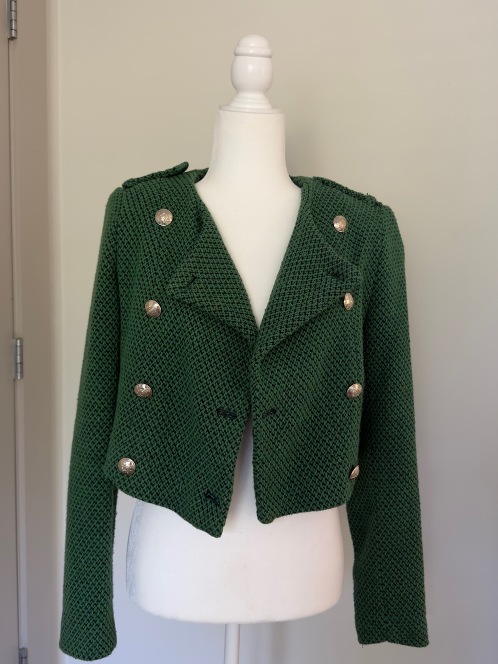 ZARA Textured Green Double-Breasted Cropped Jacket